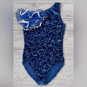 Gymnastic Dance Blue Velvet Swirl One Shoulder Leotard w/Sequin Toole Bow Size S